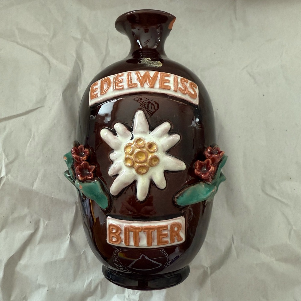 Vintage Edelweiss Bitter Ceramic Handmade Beer Bottle with Floral Design